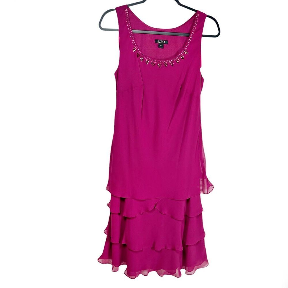 SLNY Womens Pink Embellished Midi Formal Cocktail and Party Dress 8 Fuschia